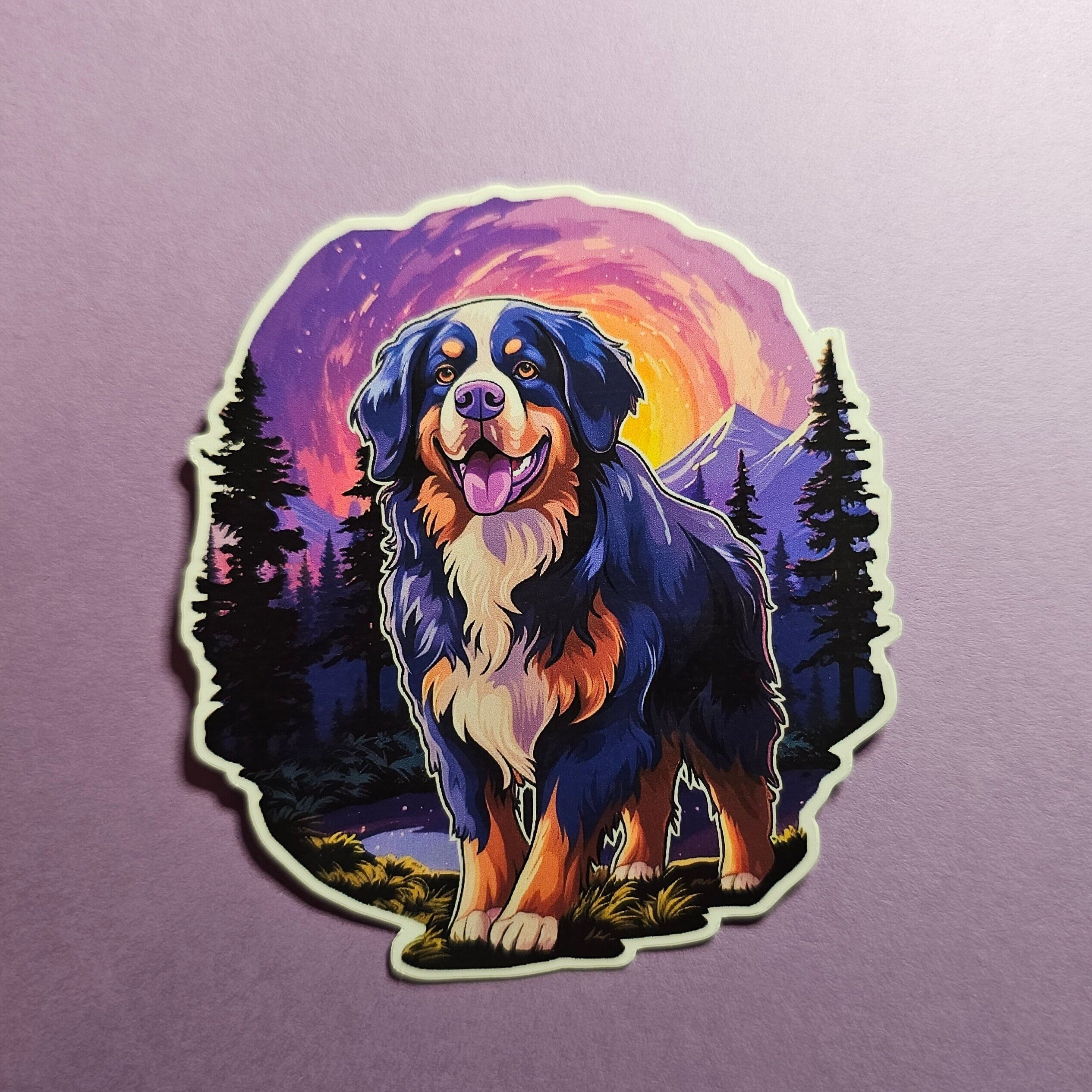 Psychedelic Bernese Mountain Dog Sticker | Colorful Nature Vinyl Decal for Water Bottles & Laptops