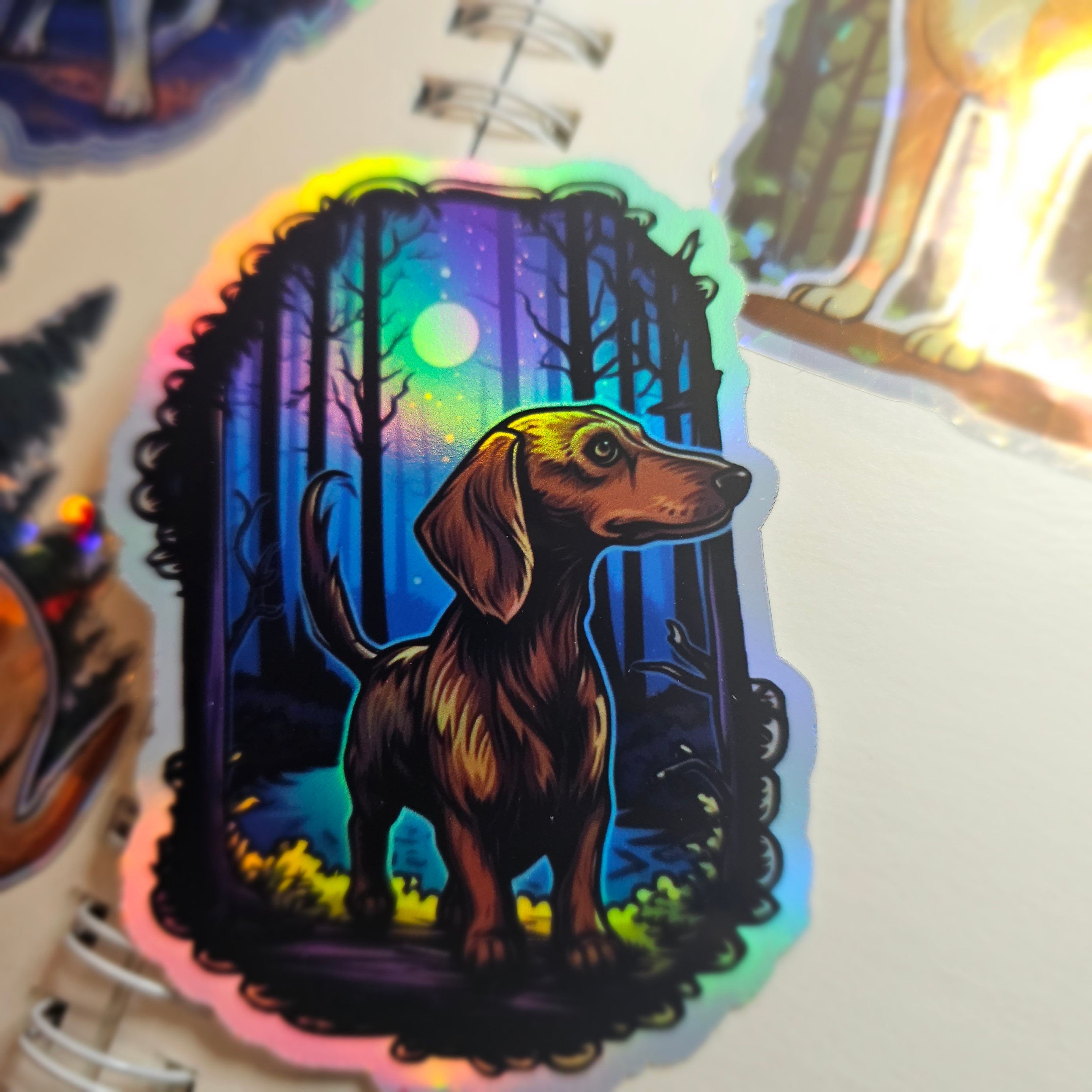Dachshund Dog Vinyl Sticker | Wiener Dog Moonlit Forest Decal for Laptop, Water Bottle, Journal