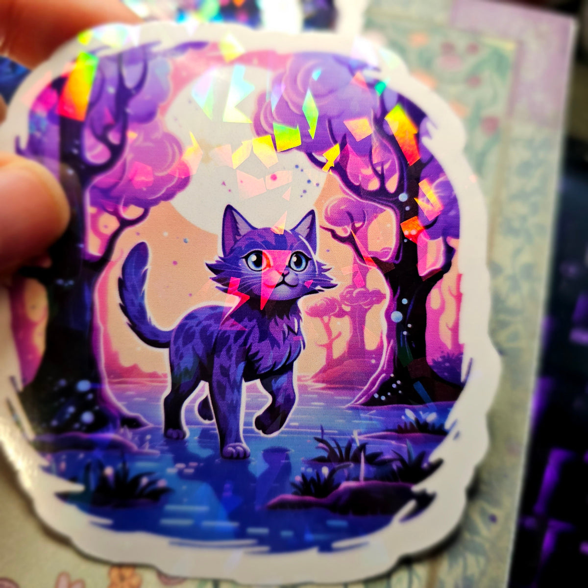Calico Cat Cottagecore vinyl sticker featuring Fantasy Moonlit Forest Vinyl Decal