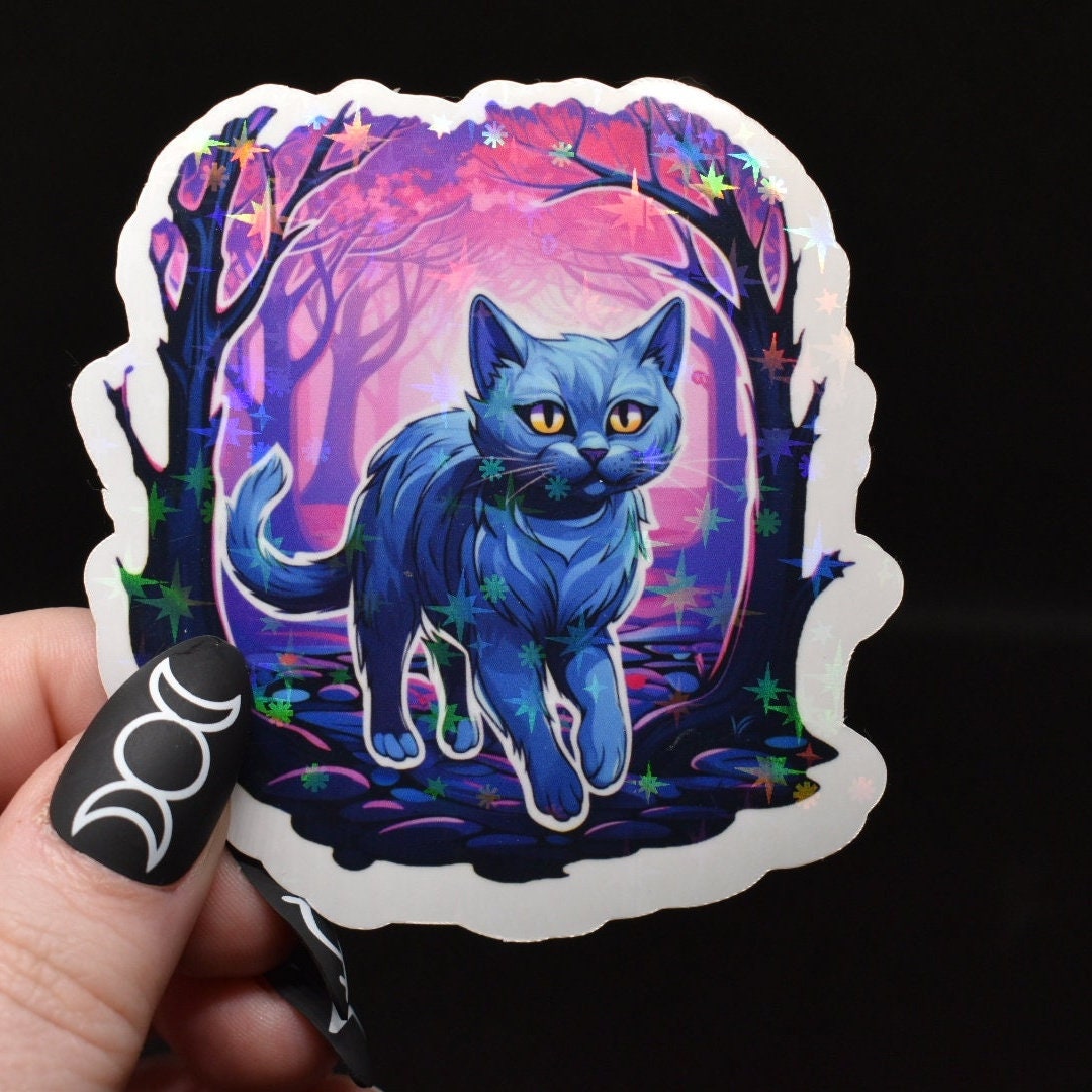 Holographic Russian Blue Cat Sticker, Witchy Familiar