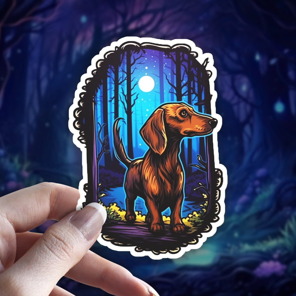 Dachshund Dog Vinyl Sticker | Wiener Dog Moonlit Forest Decal for Laptop, Water Bottle, Journal
