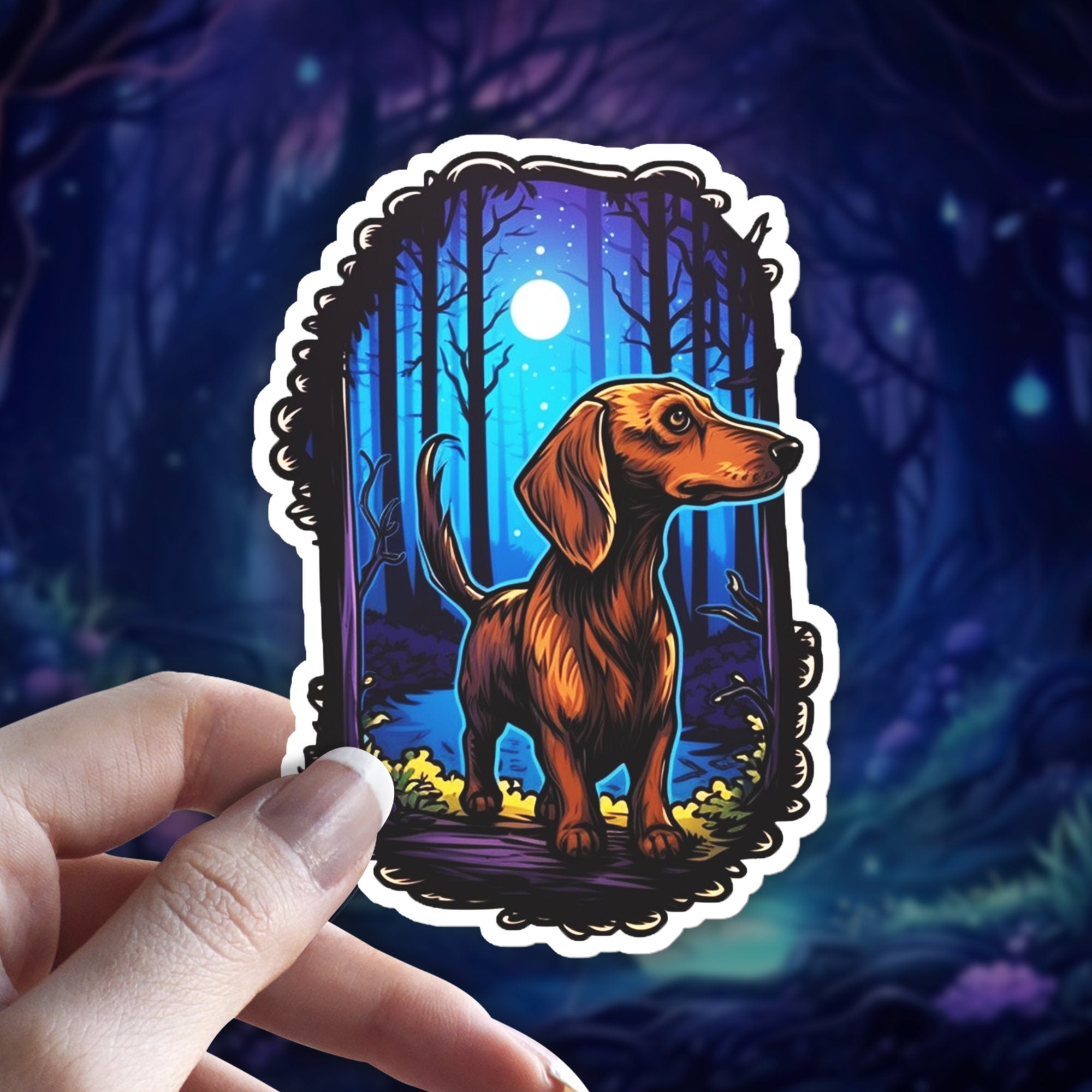 Dachshund Dog Vinyl Sticker | Wiener Dog Moonlit Forest Decal for Laptop, Water Bottle, Journal