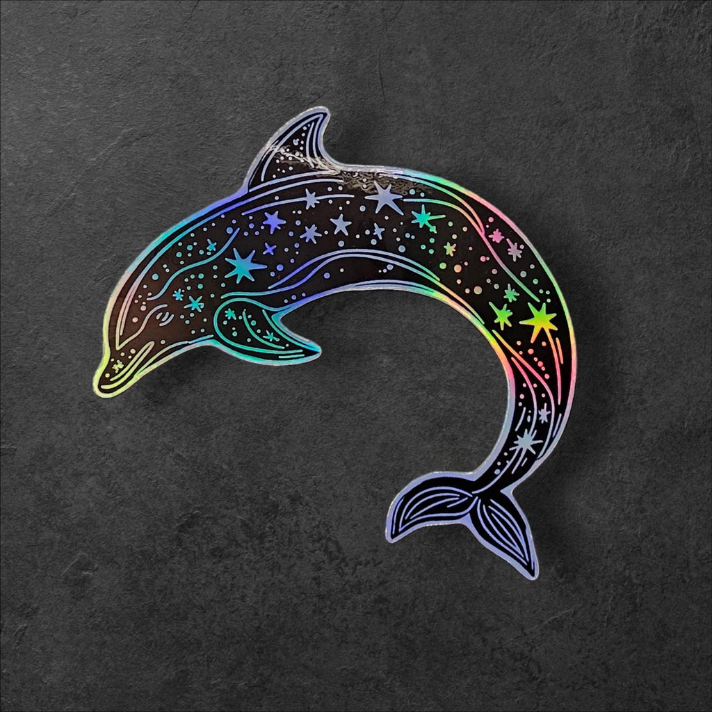 Celestial Dolphin Sticker: Holographic Moon & Stars Vinyl Decal