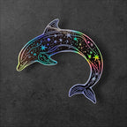 Celestial Dolphin vinyl sticker featuring Holographic Moon & Stars Water-Resistant