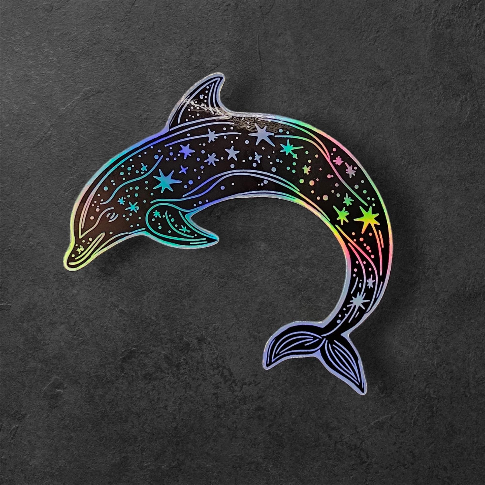 Celestial Dolphin Sticker: Holographic Moon & Stars Vinyl Decal