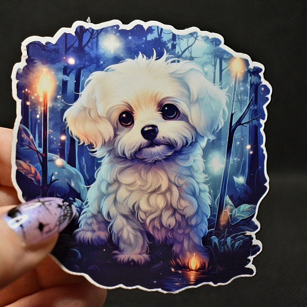 Maltese Witch Familiar Sticker - 3-inch Vinyl Decal, Water Resistant, Fluffball Maltipoo Dog Sticker