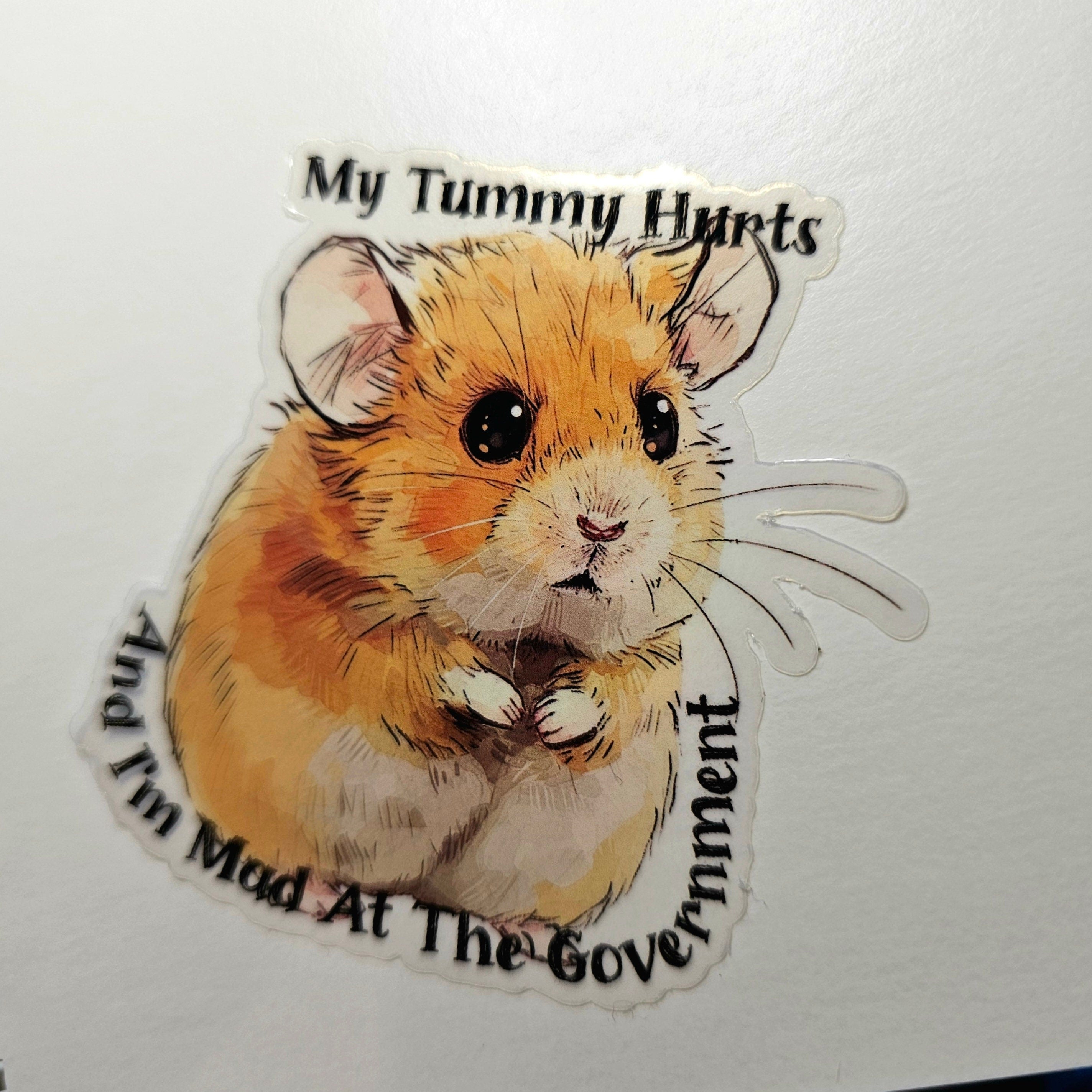 Funny Hamster Sticker: My Tummy Hurts, Mad at Government - Clear Decal