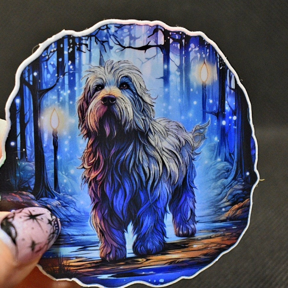 Bearded Collie Witch Familiar Sticker: Water-Resistant Vinyl Dog Decal