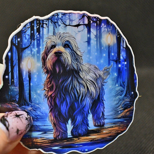 Bearded Collie Witch Familiar vinyl sticker featuring Water-Resistant Holographic Dog Vinyl Decal