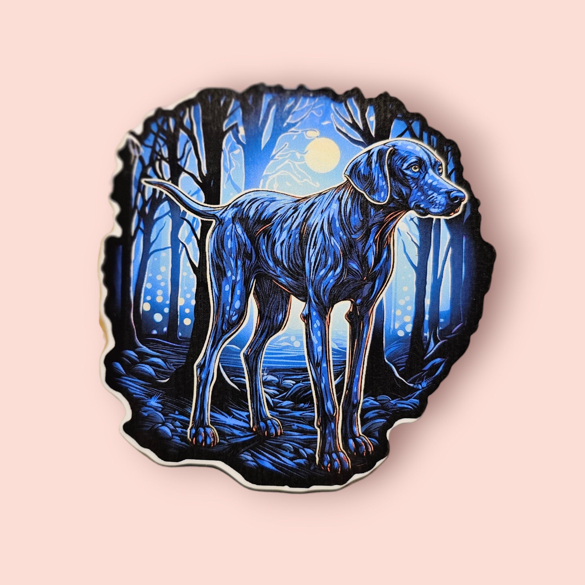 Plott Hound Sticker – Moonlit Forest Dog Vinyl Decal, Appalachian Hunting Dog Art