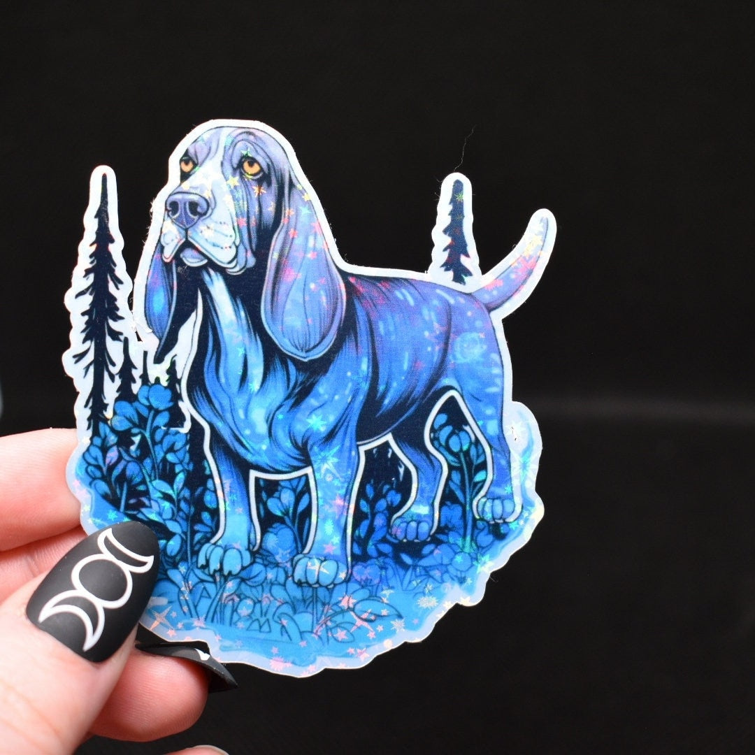 Holographic Basset Hound Sticker | Mystical Dog Vinyl Decal for Water Bottles & Laptops