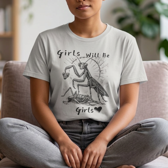 Girls Will Be Girls graphic shirt featuring Feminist Praying Mantis Tee