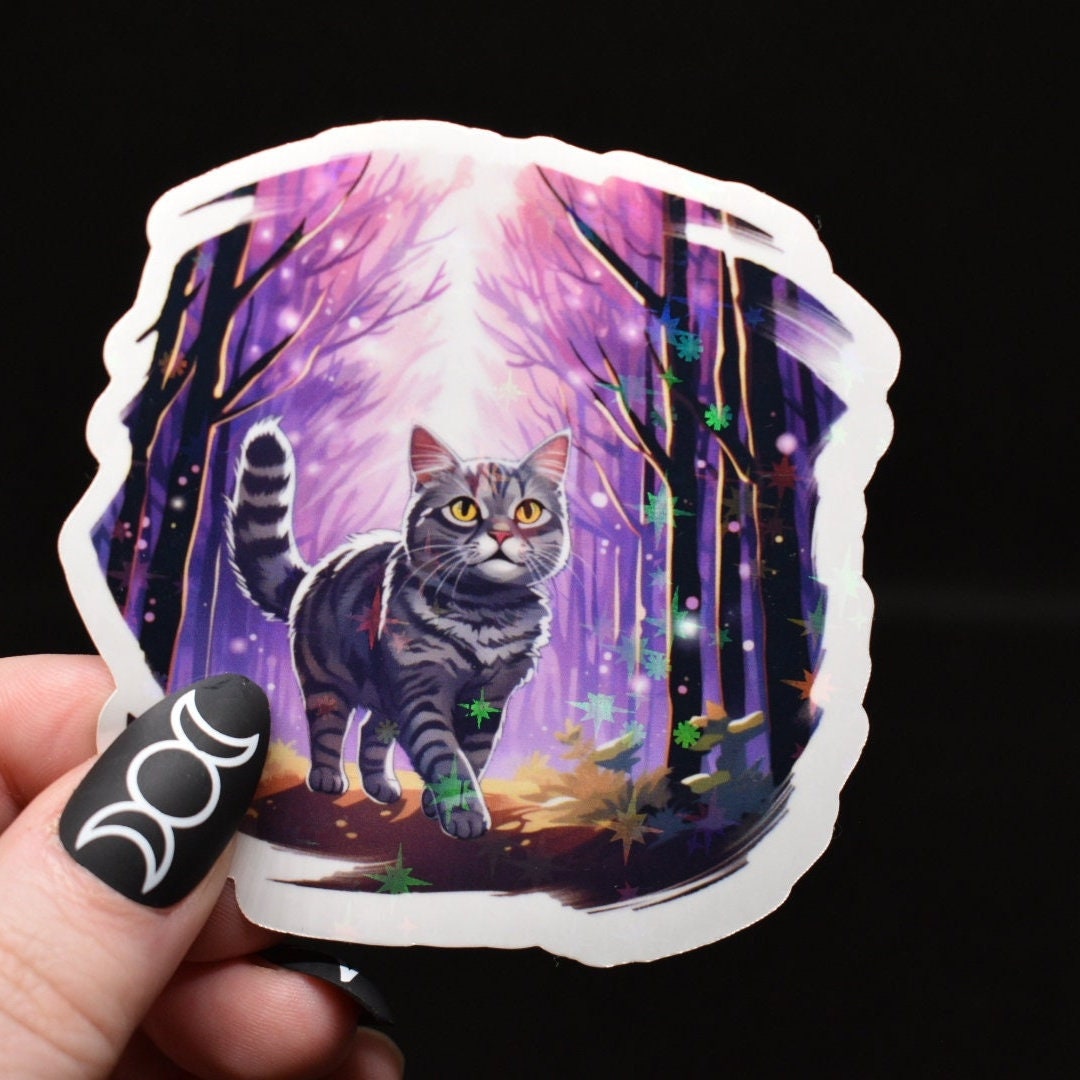 Magical Gray Tabby Cat Witch Sticker - Holographic Cat Lover Gift