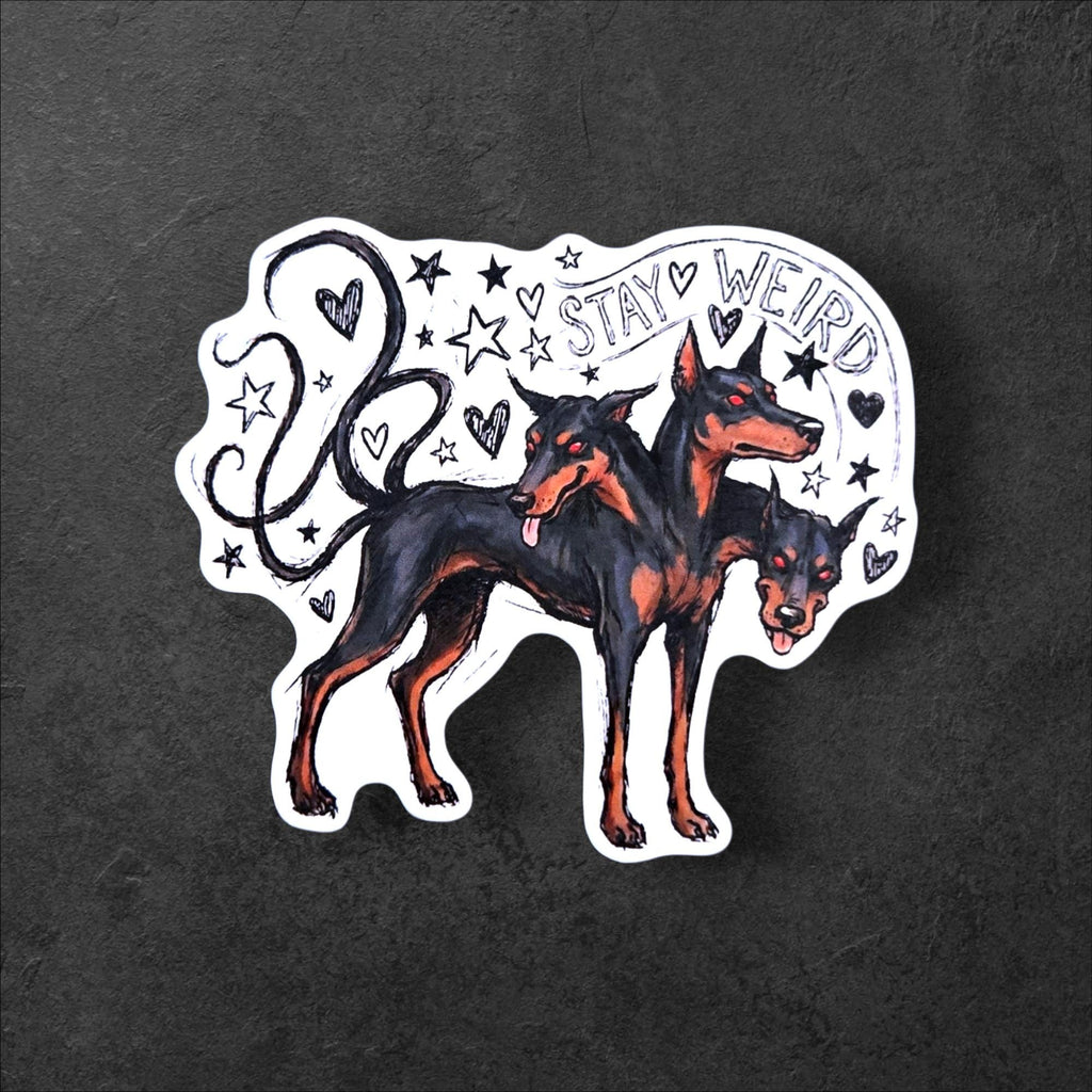 Stay Weird Cerberus Vinyl Sticker | Gothic Hellhound Art