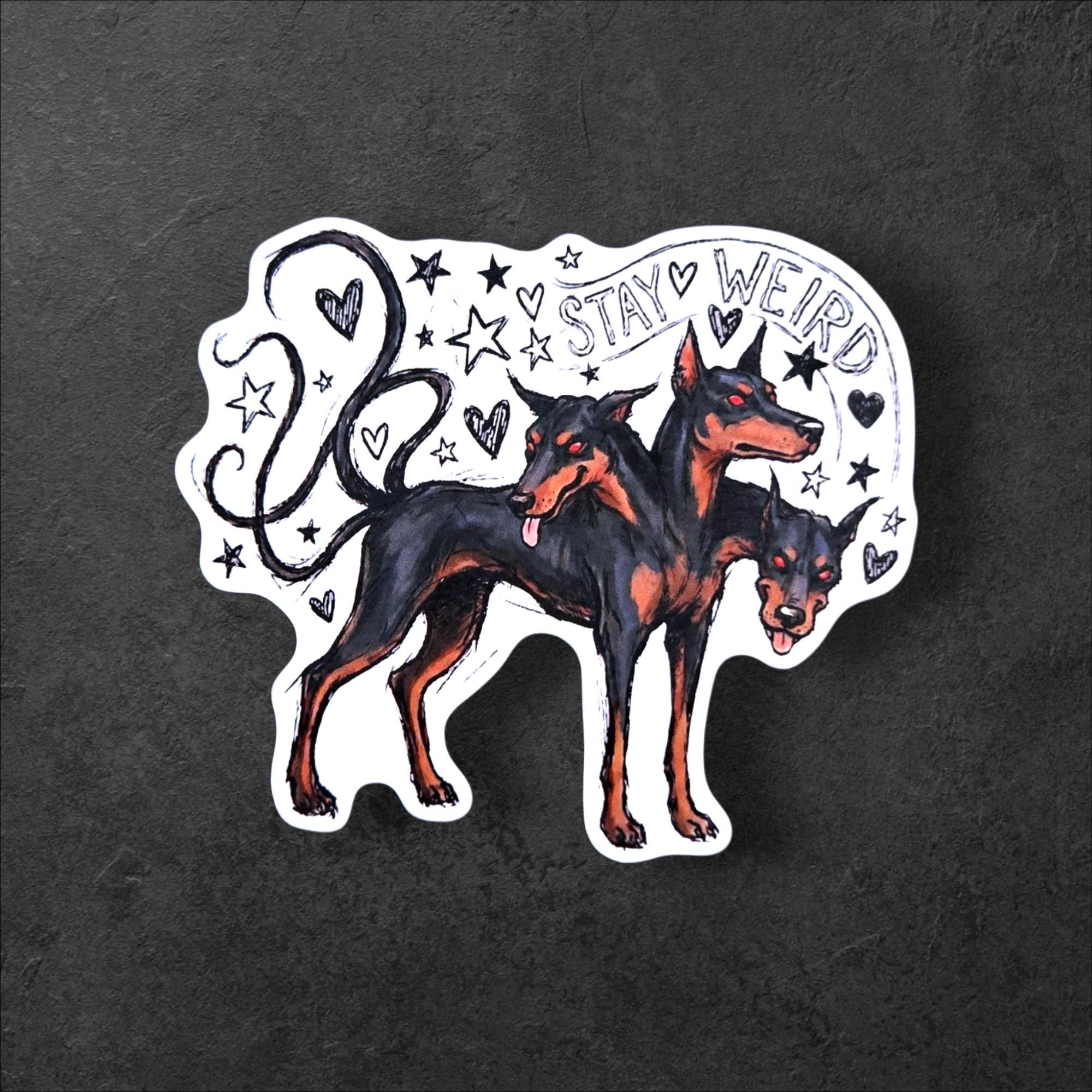 Stay Weird Cerberus Vinyl Sticker | Gothic Hellhound Art