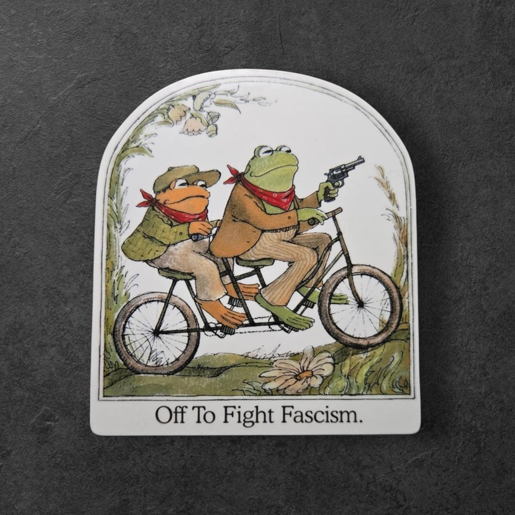 Frog and Toad Anti Fascist Sticker – Off To Fight Fascism Vintage Book Style Protest