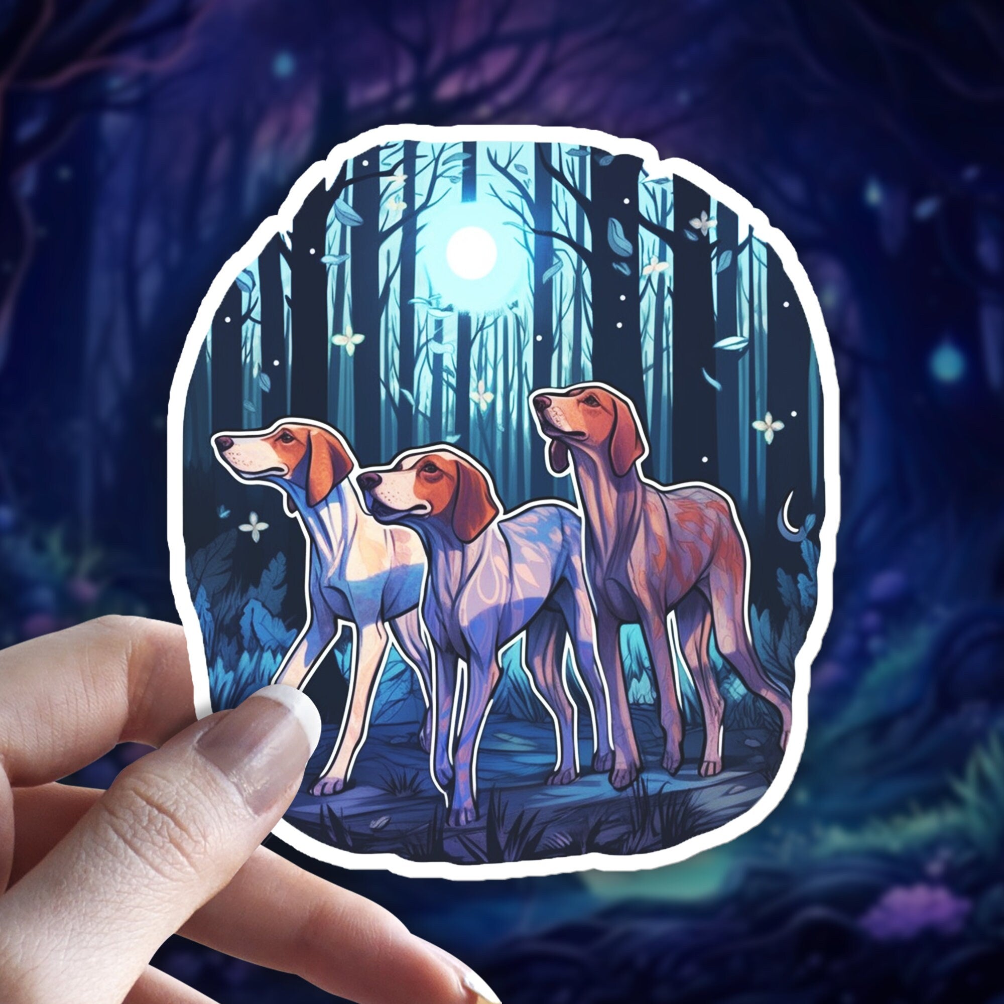 American Foxhound Holographic Sticker – Colorful Dog Art in Moonlit Forest