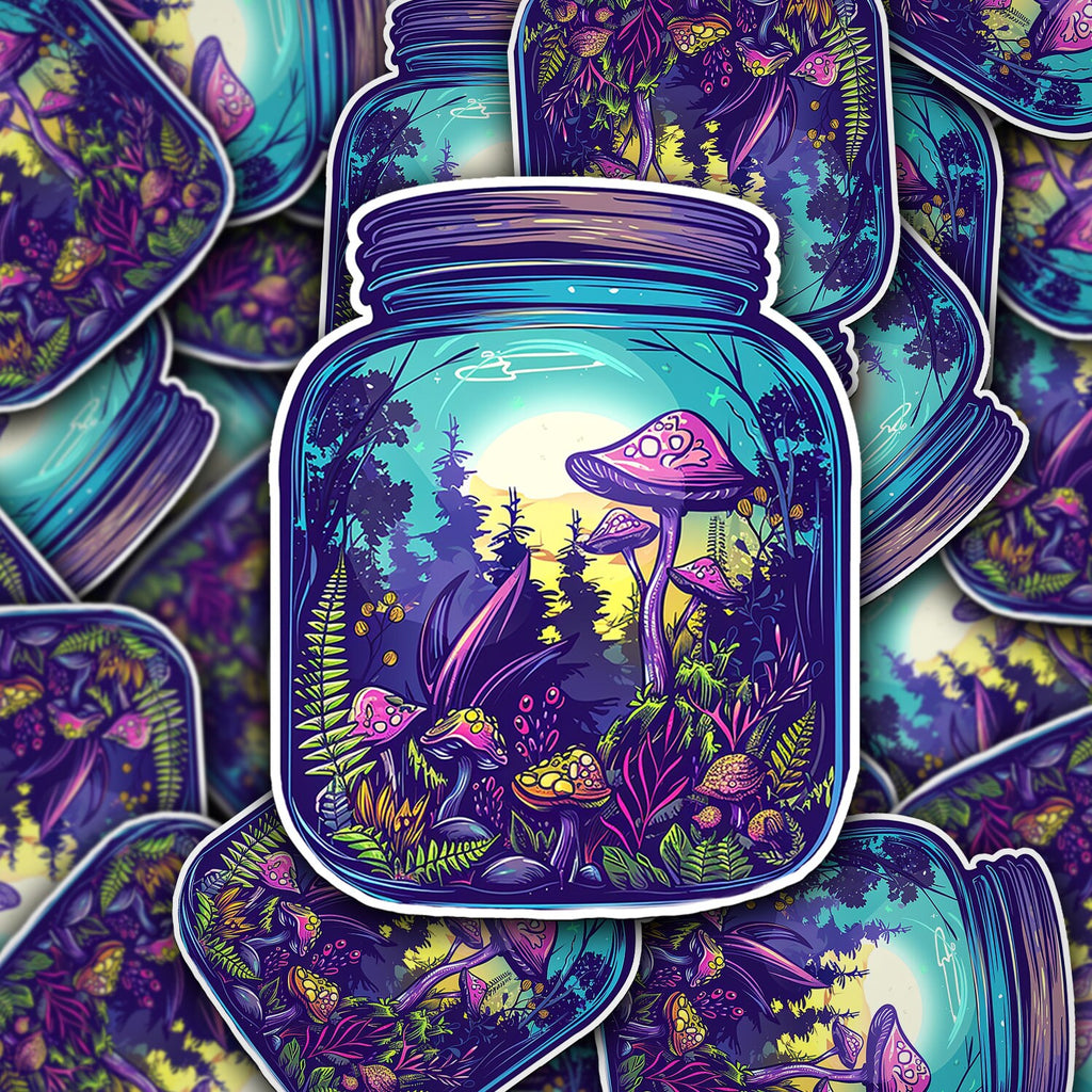 Enchanted Forest in a Jar Sticker, 3x3 Magic Mushroom Vinyl Decal for Nature Lovers