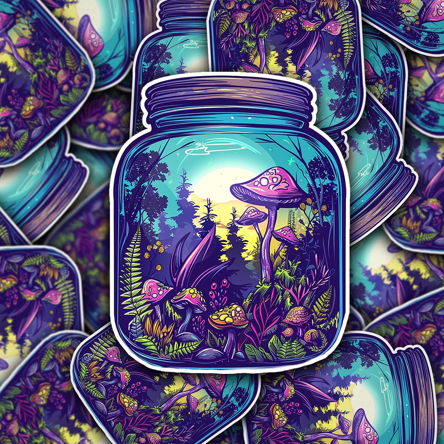 Enchanted Forest in a Jar Sticker, 3x3 Magic Mushroom Vinyl Decal for Nature Lovers