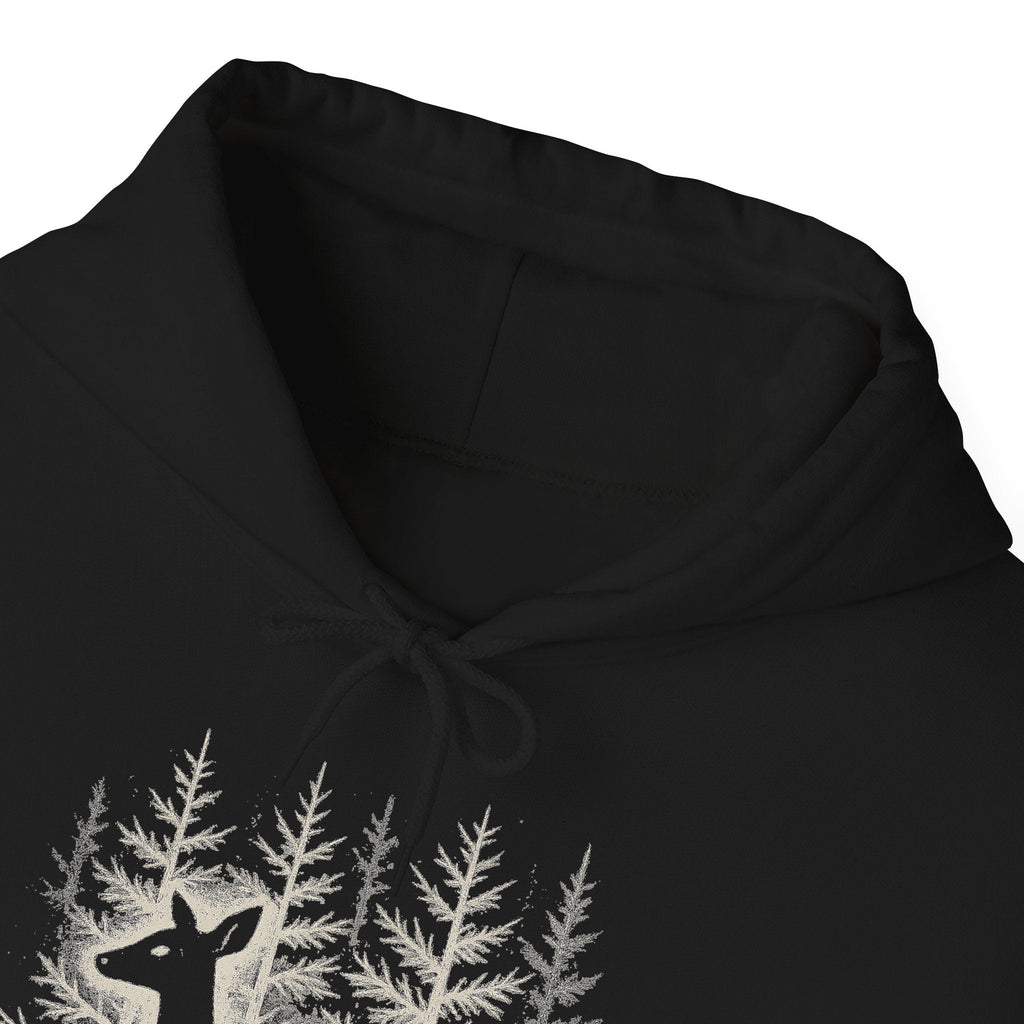 The Faithful Familiar black pullover hoodie featuring a detailed white deer and forest graphic on the chest.