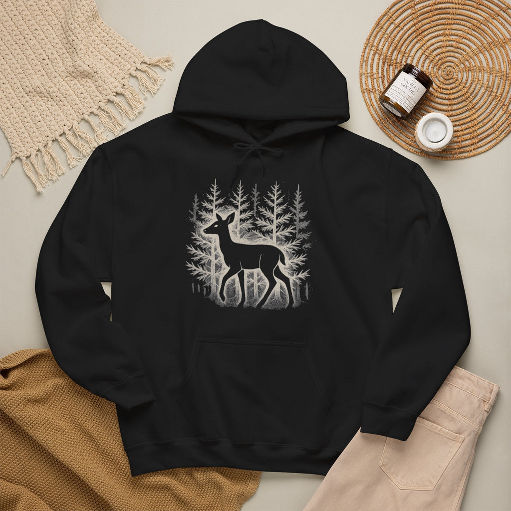 The Faithful Familiar black pullover hoodie featuring a white deer silhouette and forest graphic with kangaroo pocket.