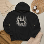 The Faithful Familiar black pullover hoodie featuring a white deer silhouette and forest graphic with kangaroo pocket.