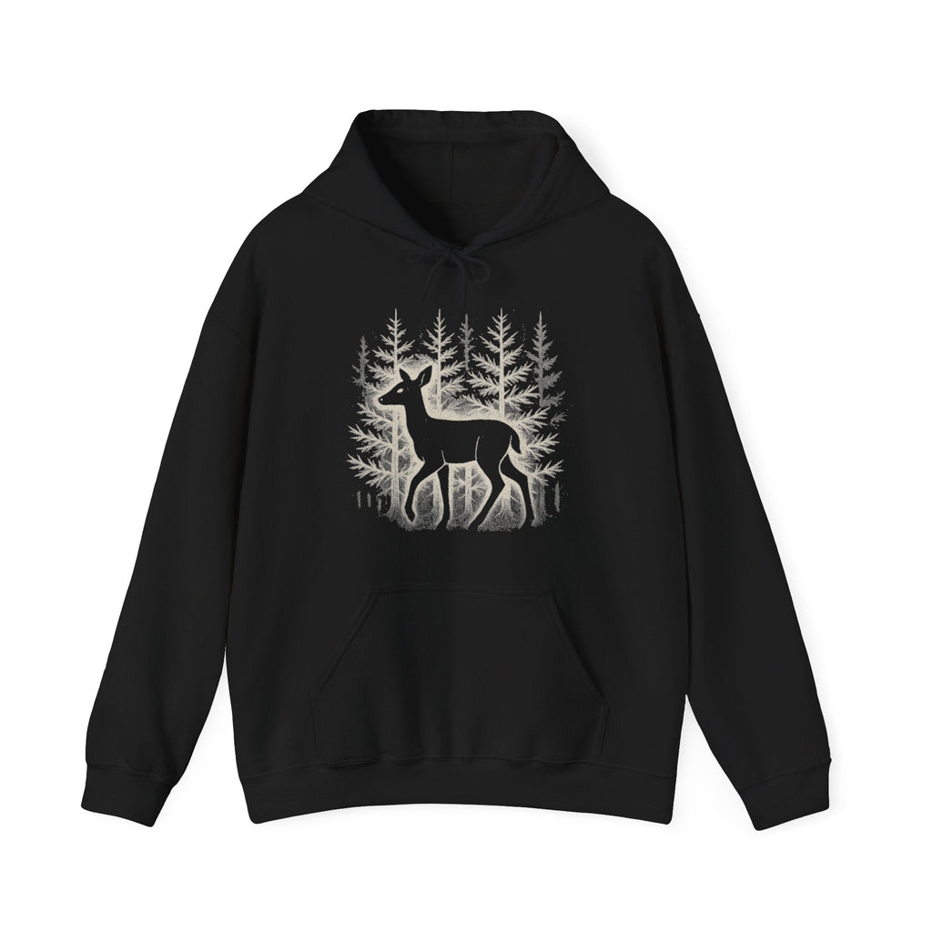 The Faithful Familiar black pullover hoodie featuring a white deer silhouette graphic in a snowy forest scene.