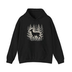 The Faithful Familiar black pullover hoodie featuring a white deer silhouette graphic in a snowy forest scene.