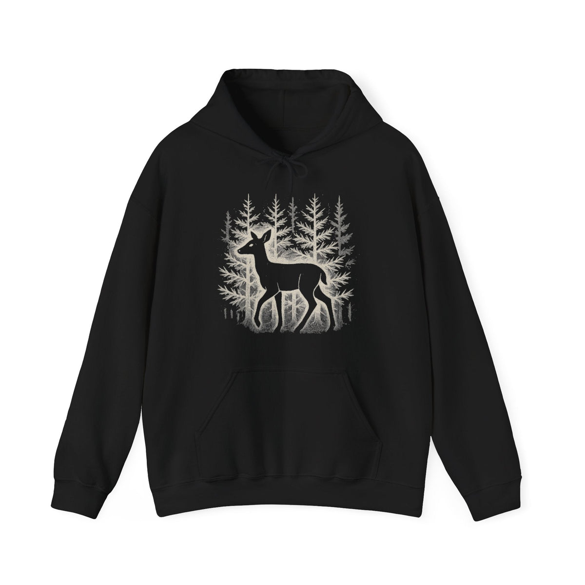 The Faithful Familiar black pullover hoodie featuring a white deer silhouette graphic in a snowy forest scene.