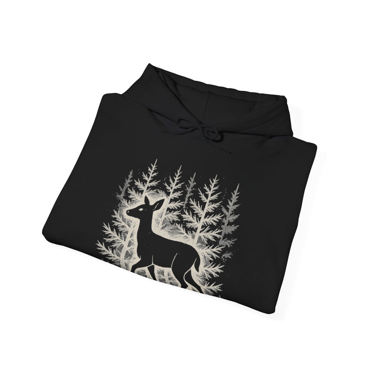 The Faithful Familiar black pullover hoodie featuring a white graphic of a deer in a snowy forest