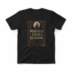 The Faithful Familiar black cotton t-shirt featuring a gothic castle, floral crest, and Morally Gray & Reading text.