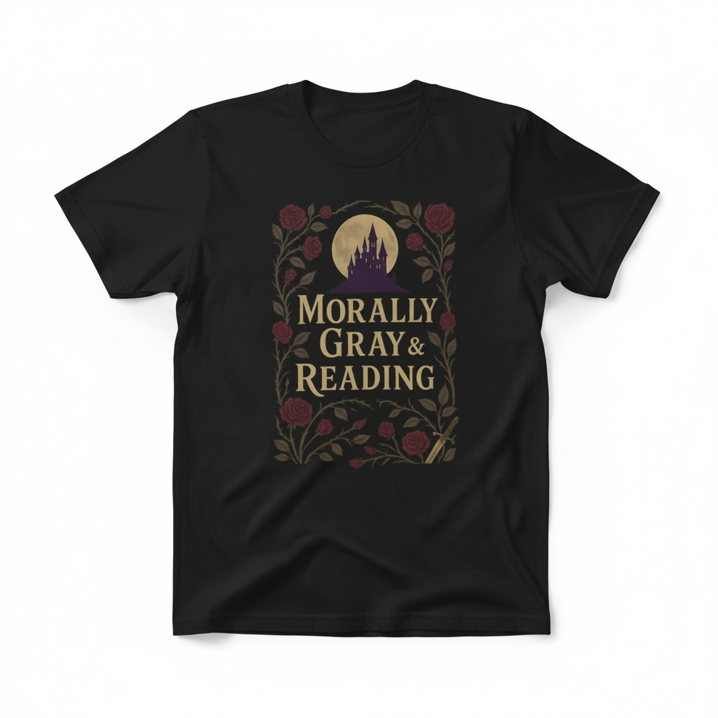The Faithful Familiar black cotton t-shirt featuring a gothic castle, floral crest, and Morally Gray & Reading text.