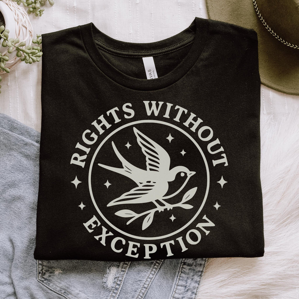 The Faithful Familiar black unisex graphic tee featuring a cream swallow emblem with the text Rights Without Exception.