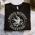 The Faithful Familiar black unisex graphic tee featuring a cream swallow emblem with the text Rights Without Exception.