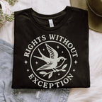 The Faithful Familiar black unisex graphic tee featuring a cream swallow emblem with the text Rights Without Exception.