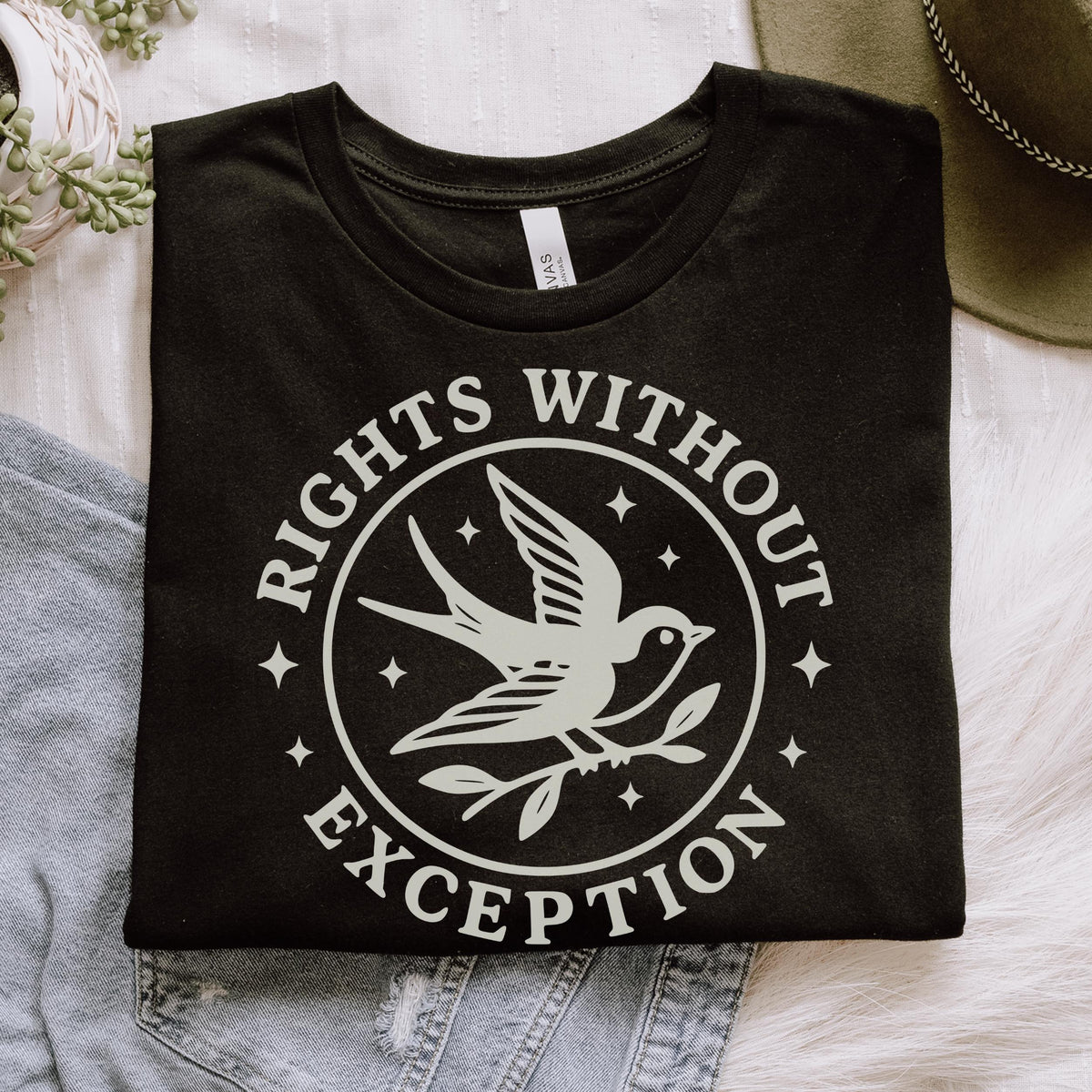 The Faithful Familiar black unisex graphic tee featuring a cream swallow emblem with the text Rights Without Exception.