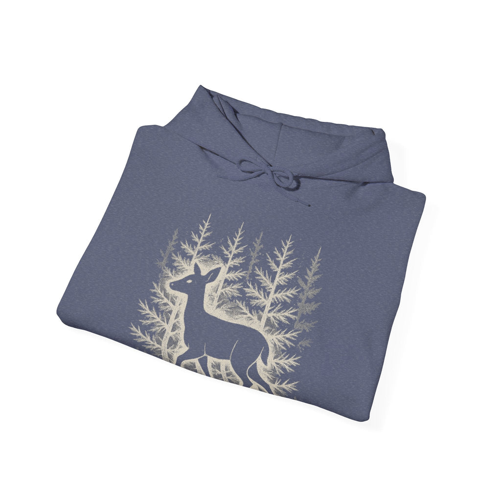 The Faithful Familiar blue pullover hoodie featuring a white deer silhouette and forest graphic on a folded garment.
