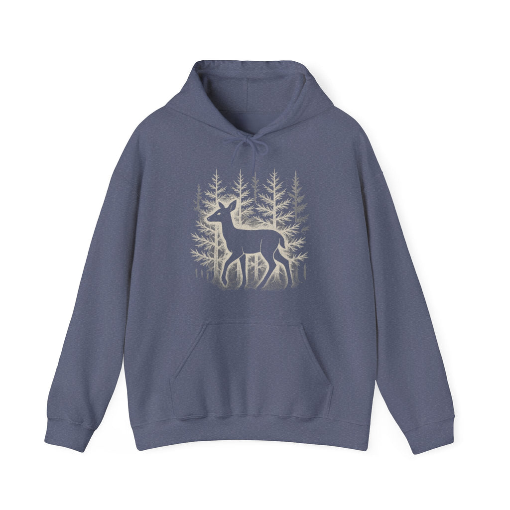 The Faithful Familiar blue pullover hoodie featuring a white deer silhouette graphic in a snowy forest setting.
