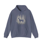 The Faithful Familiar blue pullover hoodie featuring a white deer silhouette graphic in a snowy forest setting.