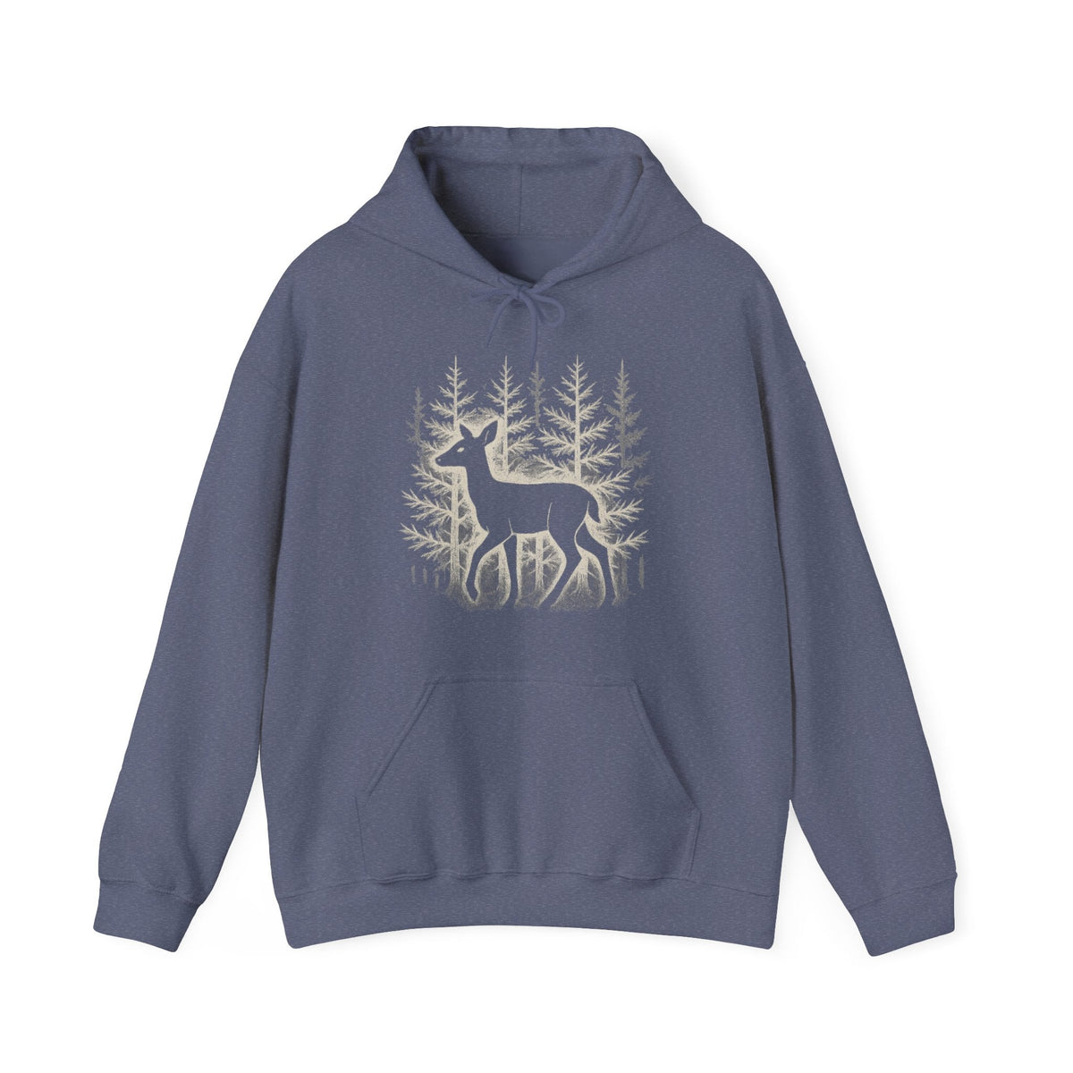 The Faithful Familiar blue pullover hoodie featuring a white deer silhouette graphic in a snowy forest setting.