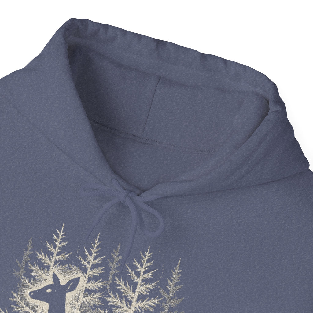 The Faithful Familiar blue pullover hoodie featuring a detailed deer and forest graphic with adjustable drawstrings