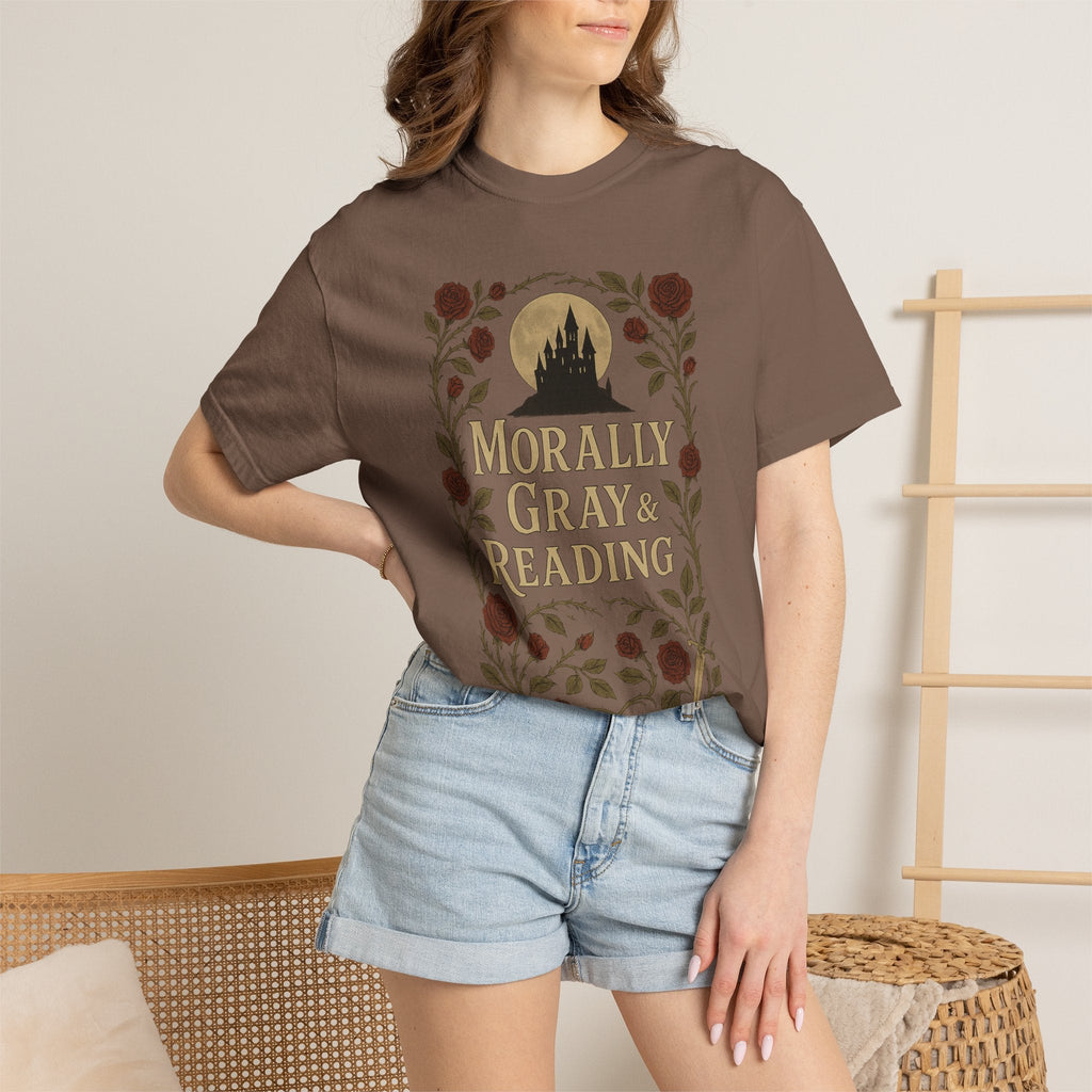 The Faithful Familiar brown cotton graphic tee featuring a gothic castle, roses, and Morally Gray & Reading text.