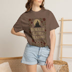 The Faithful Familiar brown cotton graphic tee featuring a gothic castle, roses, and Morally Gray & Reading text.