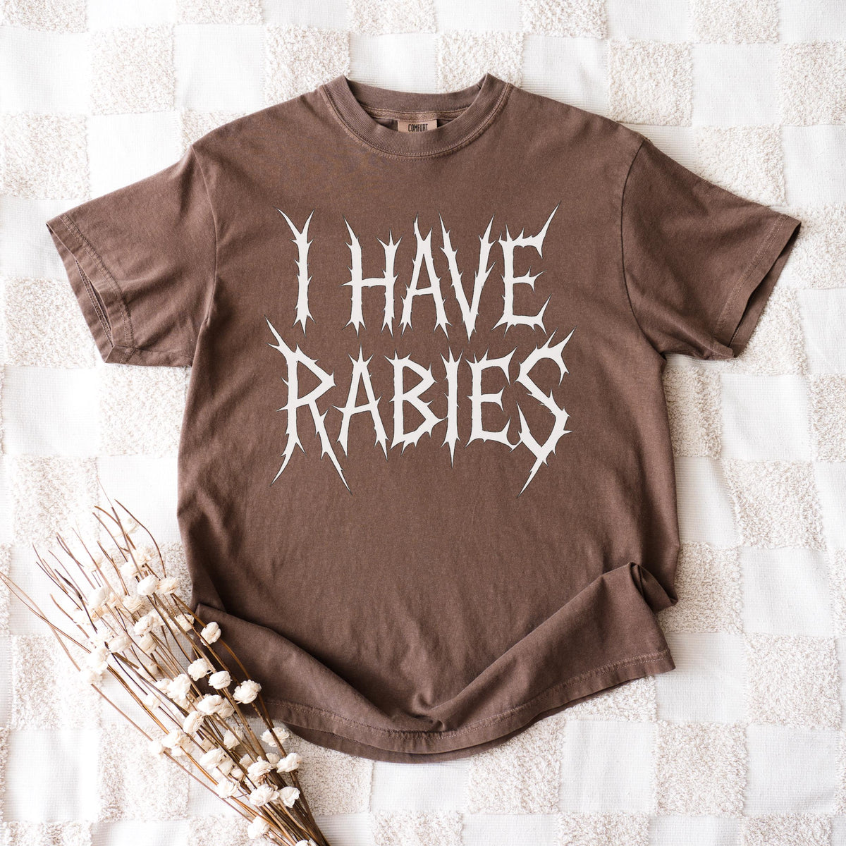 The Faithful Familiar brown Comfort Colors graphic tee with white distressed metal-style text reading I HAVE RABIES.