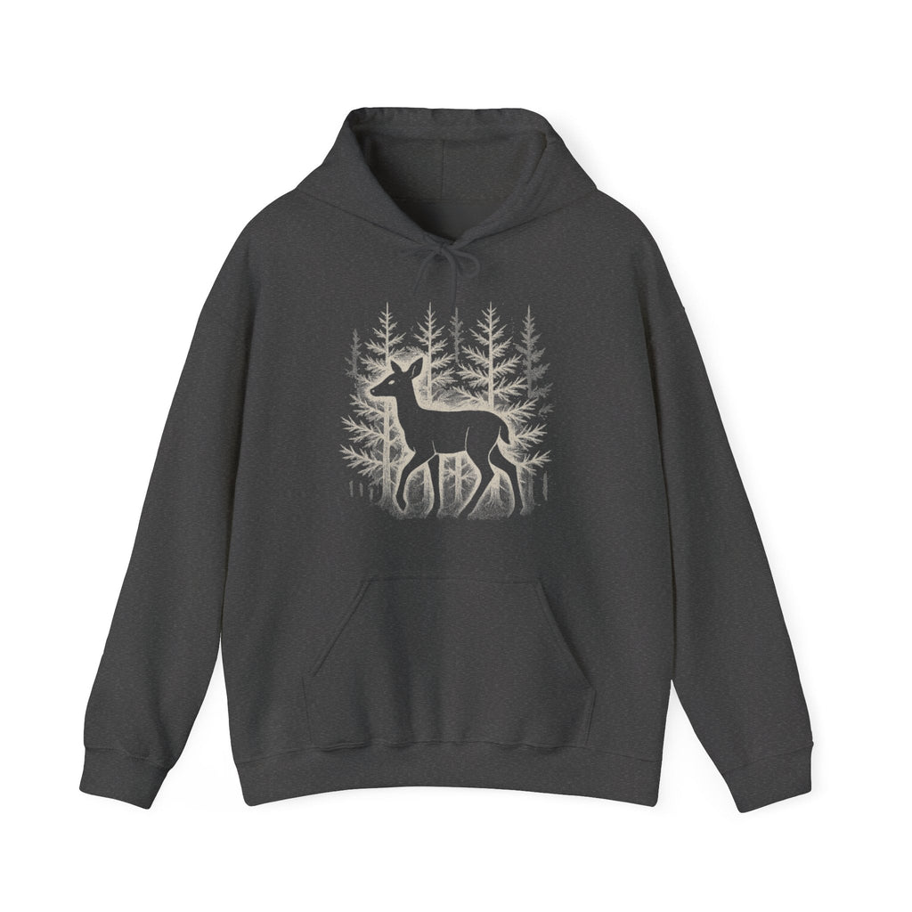 The Faithful Familiar charcoal grey pullover hoodie featuring a white deer silhouette graphic in a snowy forest.