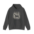 The Faithful Familiar charcoal grey pullover hoodie featuring a white deer silhouette graphic in a snowy forest.