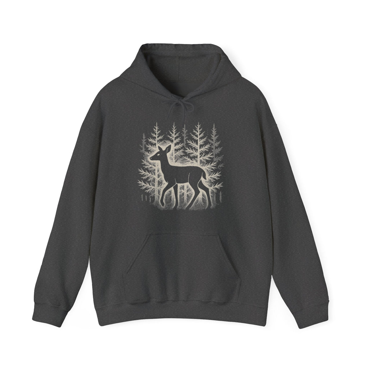The Faithful Familiar charcoal grey pullover hoodie featuring a white deer silhouette graphic in a snowy forest.