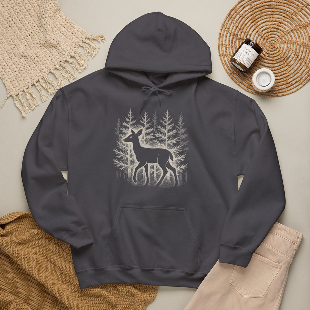 The Faithful Familiar charcoal grey pullover hoodie featuring a white deer and forest graphic with a kangaroo pocket.