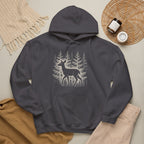 The Faithful Familiar charcoal grey pullover hoodie featuring a white deer and forest graphic with a kangaroo pocket.