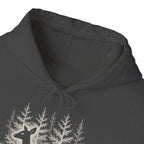 The Faithful Familiar charcoal grey pullover hoodie featuring a detailed white deer and forest graphic on the chest.